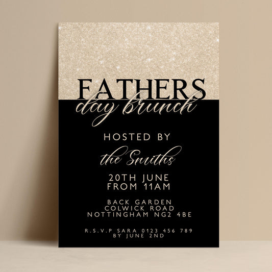 The image is a poster for a Father's Day brunch event hosted by the Smiths. The event is scheduled for June 20th from 11 AM, and it will be held at the Back Garden, Colwick Road, Nottingham NG2 4BE. RSVP details are provided, and the event is being hosted by June 2nd.