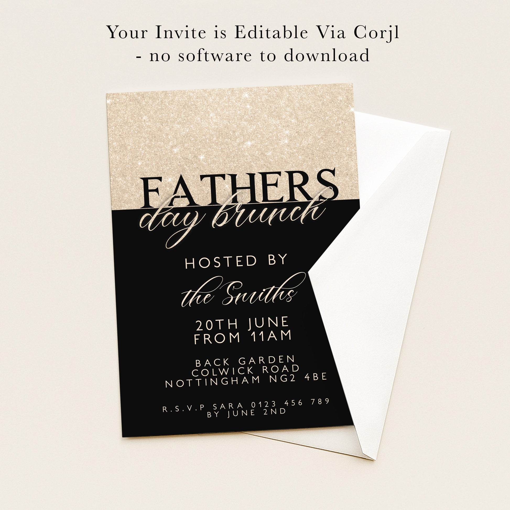 The image is a black and gold invitation card for a Father's day brunch event.