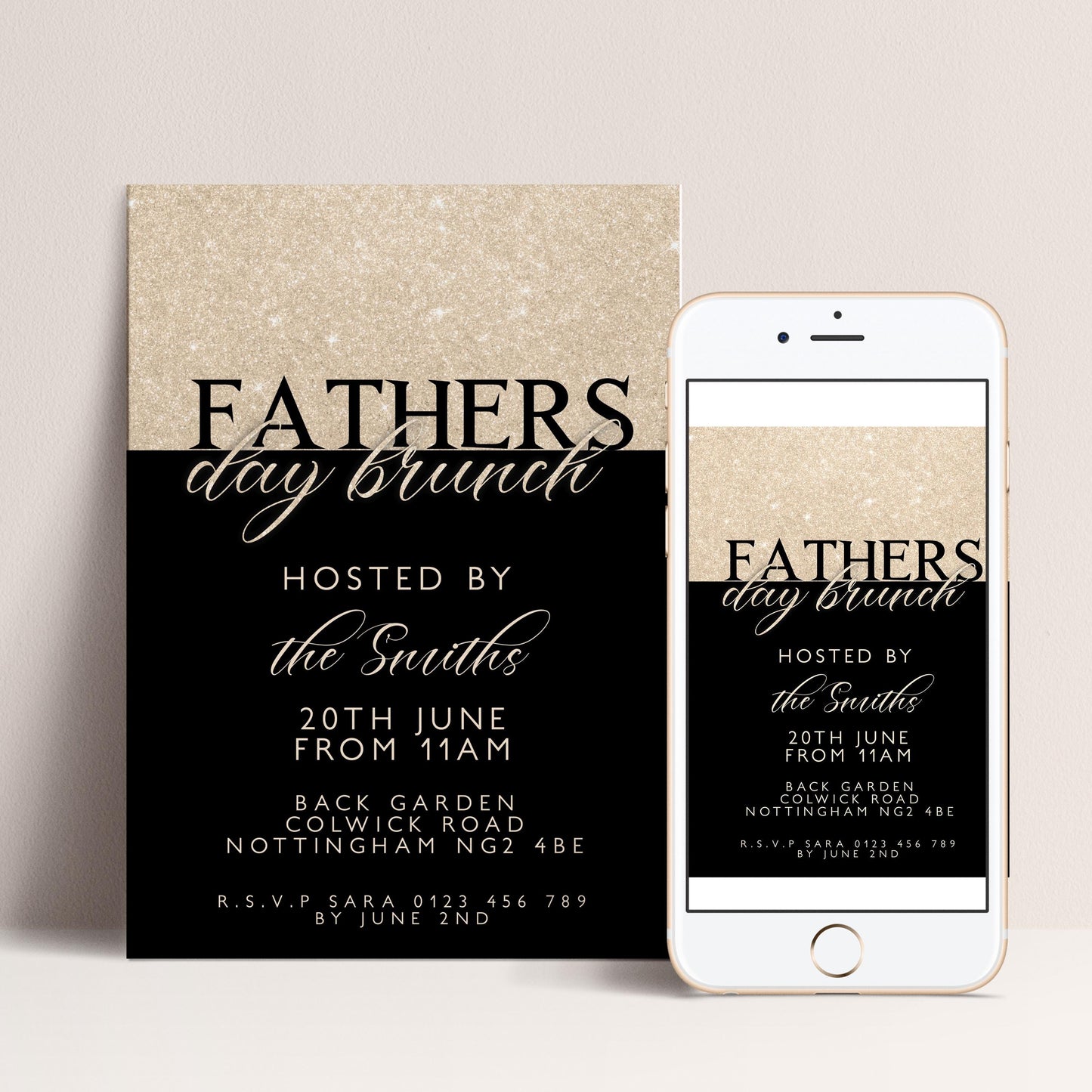 The image is a poster and a mobile phone screen displaying an invitation for a Father's Day Brunch.