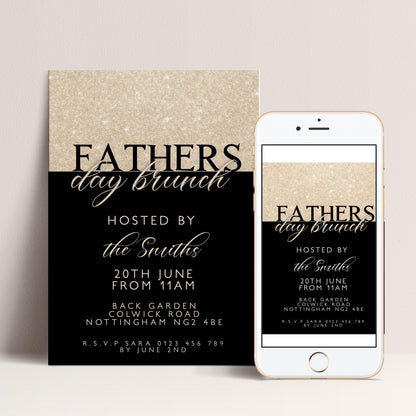 The image is a poster and a mobile phone screen displaying an invitation for a Father's Day Brunch.