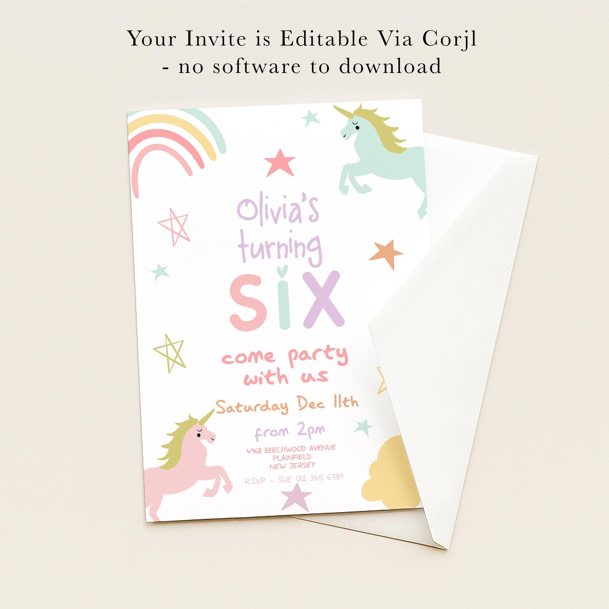 The image is a birthday invitation for a six-year-old girl named Olivia, featuring a unicorn and stars as decorative elements.