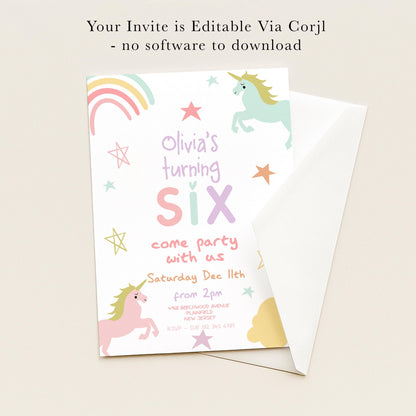 The image is a birthday invitation for a six-year-old girl named Olivia, featuring a unicorn and stars as decorative elements.