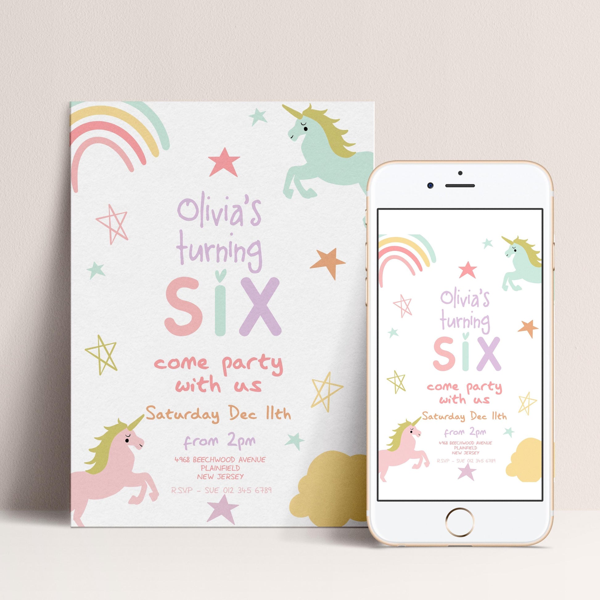 The image is a birthday party invitation for a six-year-old girl named Olivia. The invitation features a unicorn and stars, and includes details about the party, such as the date, time, location, and RSVP information.
