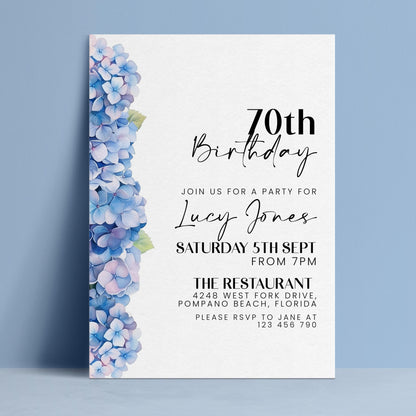 The image is a birthday invitation for a 70th celebration for Lucy Jones. The invitation is for a party at The Restaurant, located at 4044 West Fort Drive, Pompano Beach, Florida. The event is scheduled for Saturday, September 5th, from 7 PM, and guests are requested to RSVP to Jane at 123 456 790.