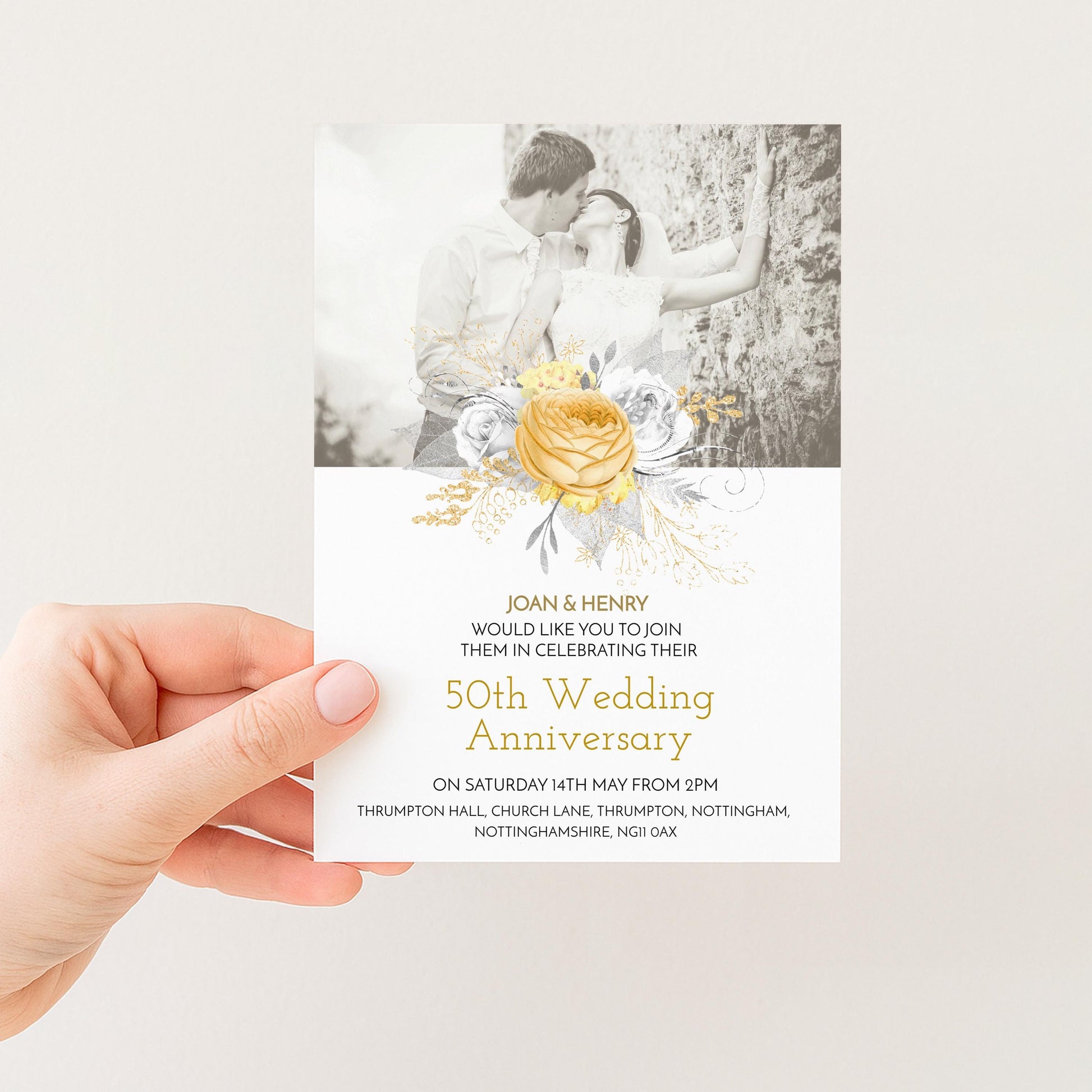 The image is a wedding invitation card featuring a couple embracing in a photograph, with a floral design and text indicating a 50th wedding anniversary celebration.