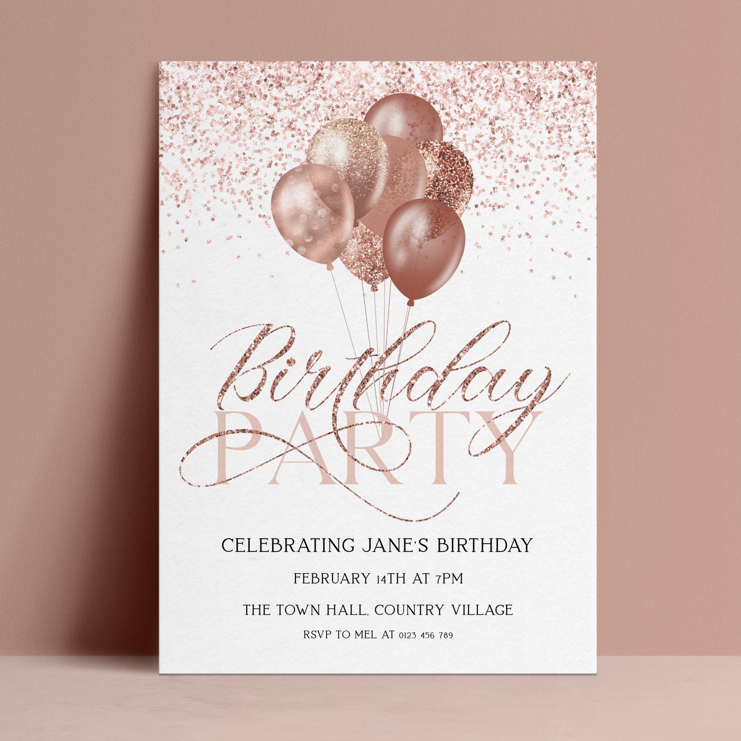 The image is a birthday party invitation featuring pink and gold balloons, with the text "Birthday Party" prominently displayed.