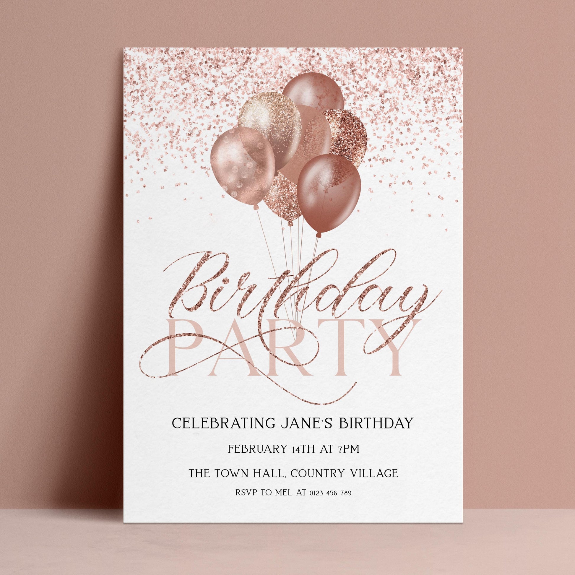 The image is a birthday party invitation featuring pink and gold balloons, with the text "Birthday Party" prominently displayed.