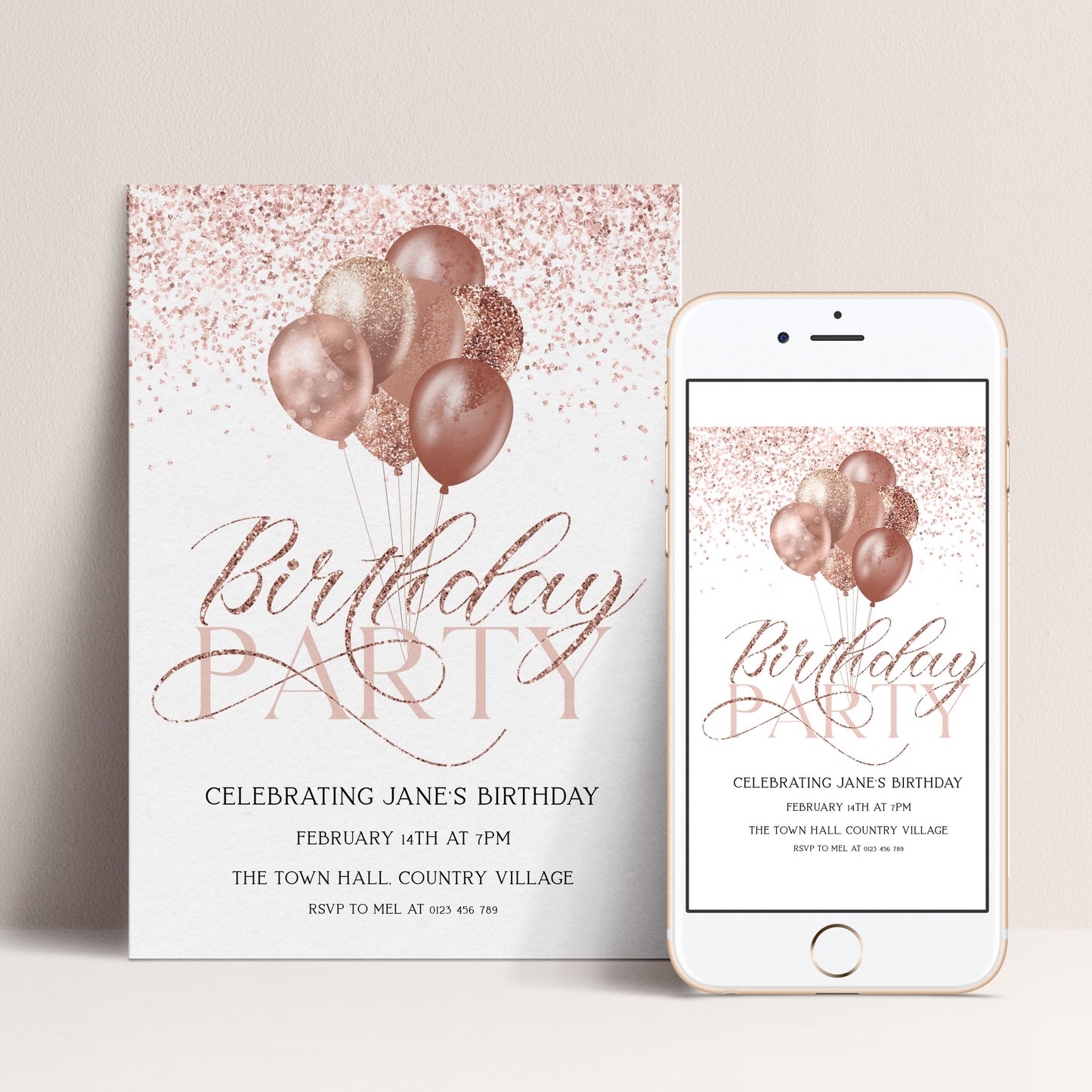 The image is a birthday party invitation featuring pink and gold balloons, with the text "Birthday Party" prominently displayed.