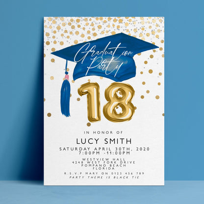 The image is a graduation party invitation for a young woman named Lucy Smith, celebrating her 18th birthday.