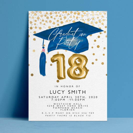 The image is a graduation party invitation for a young woman named Lucy Smith, celebrating her 18th birthday.