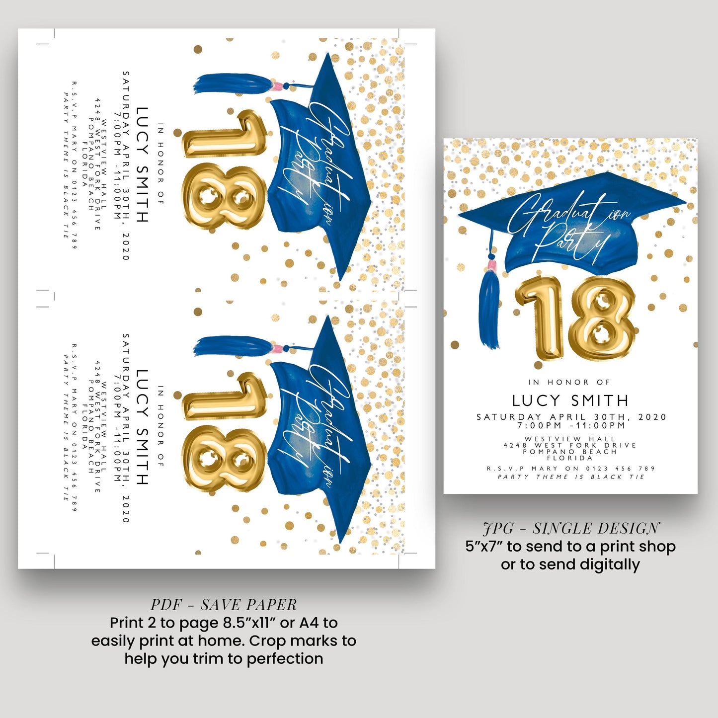 a graduation party invitation for Lucy Smith, with a graduation cap and tassel design. The invitation is for Lucy Smith's 18th birthday party, which is scheduled for Saturday, April 30th, 2020, at Westview Hall, Westview Drive, 474 Westview Drive, P.O. Box 935, 937 Texas A&M University. The invitation is for a single design, and it is available in both print and digital formats.