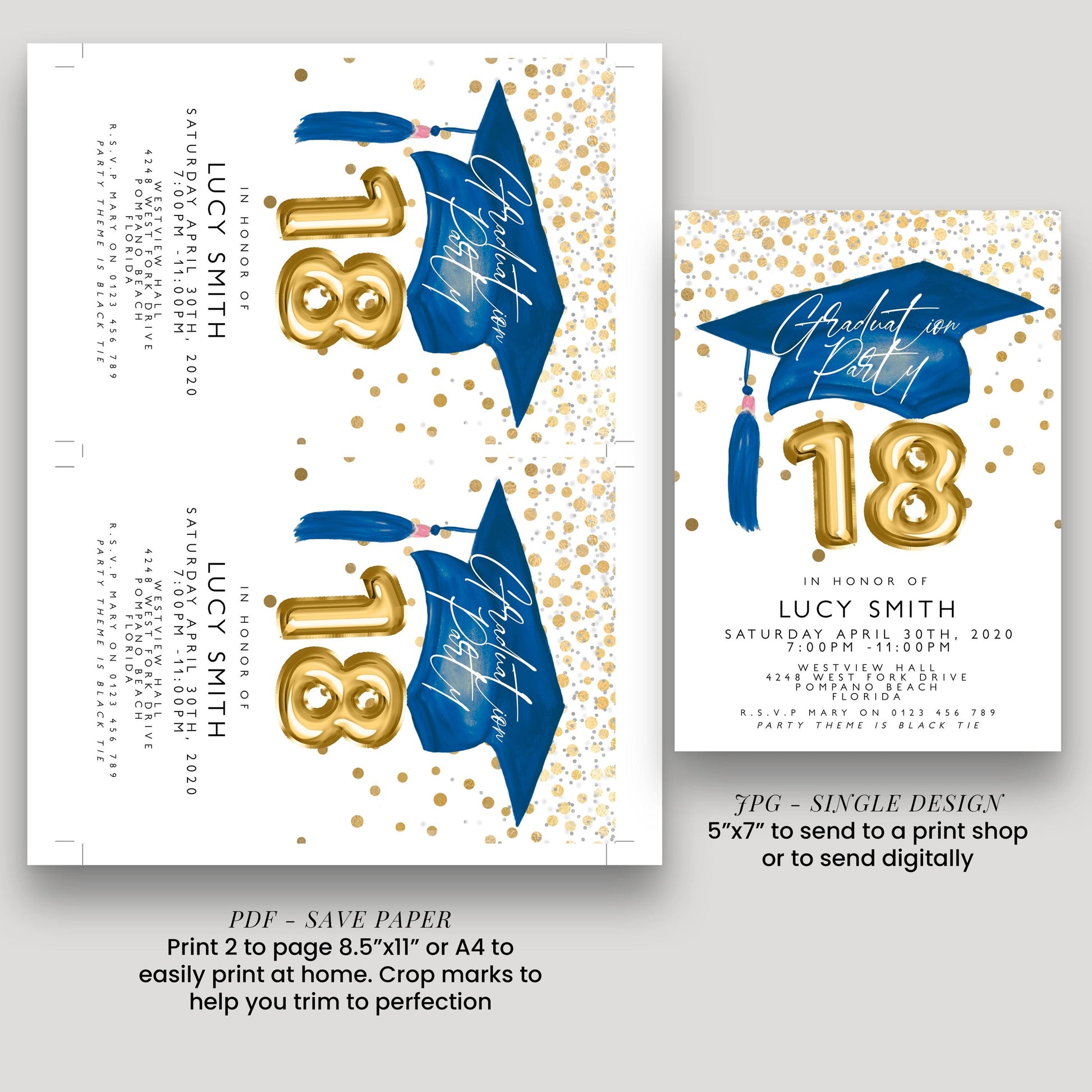 a graduation party invitation for Lucy Smith, with a graduation cap and tassel design. The invitation is for Lucy Smith's 18th birthday party, which is scheduled for Saturday, April 30th, 2020, at Westview Hall, Westview Drive, 474 Westview Drive, P.O. Box 935, 937 Texas A&M University. The invitation is for a single design, and it is available in both print and digital formats.