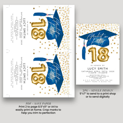 a graduation party invitation for Lucy Smith, with a graduation cap and tassel design. The invitation is for Lucy Smith's 18th birthday party, which is scheduled for Saturday, April 30th, 2020, at Westview Hall, Westview Drive, 474 Westview Drive, P.O. Box 935, 937 Texas A&M University. The invitation is for a single design, and it is available in both print and digital formats.