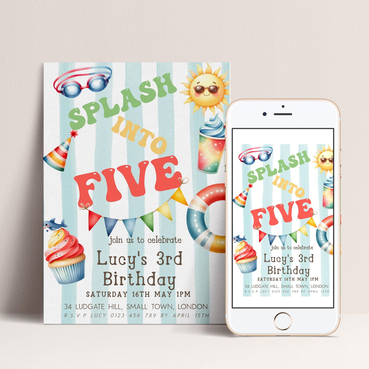 The image is a birthday party invitation for a child's third birthday. It features colorful illustrations of a swimsuit, sunglasses, and a cupcake, along with text inviting guests to celebrate the occasion.