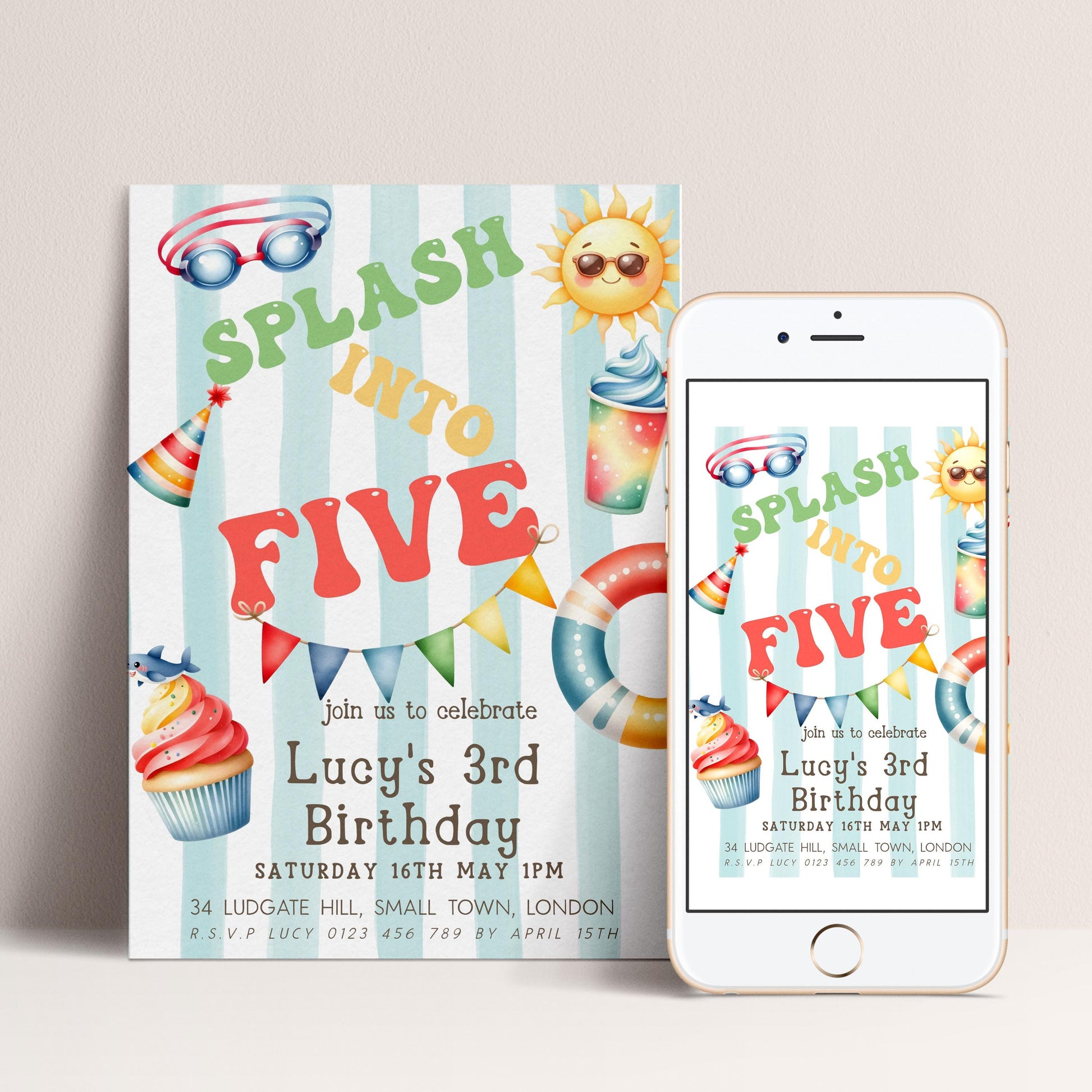 The image is a birthday party invitation for a child's third birthday. It features colorful illustrations of a swimsuit, sunglasses, and a cupcake, along with text inviting guests to celebrate the occasion.