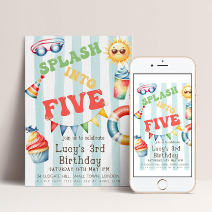 The image is a birthday party invitation for a child's third birthday. It features colorful illustrations of a swimsuit, sunglasses, and a cupcake, along with text inviting guests to celebrate the occasion.