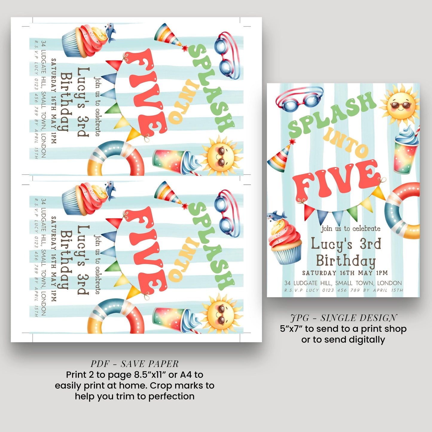 a birthday party invitation for a child's 5th birthday. The invitation features colorful illustrations of a beach scene, including a sun, beach ball, and cupcakes. The invitation is designed to be printed on either 2-page 8.5"x11" or 4-page A4 paper, and it includes a save paper option for sending to a print shop or digitally.