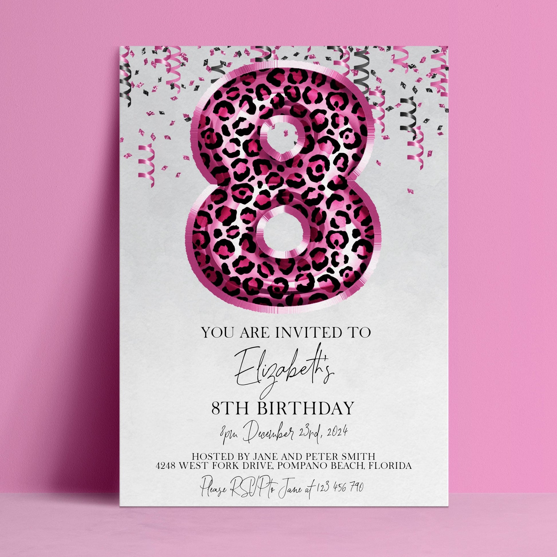 The image is a birthday invitation for a girl's 8th birthday party.