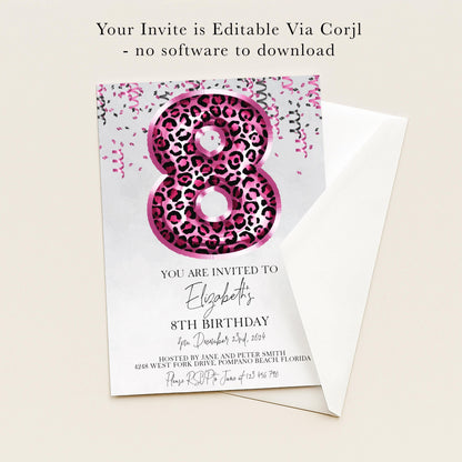 The image is a birthday invitation for a girl's 8th birthday.