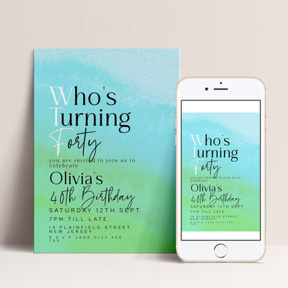 a birthday party invitation for a 40th birthday celebration. The invitation is for a party on Saturday, 12th September at 7 PM, with the location being 14 Plainfield Street, New Jersey. The invitation is for a birthday party for a woman named Olivia, who is turning 40.