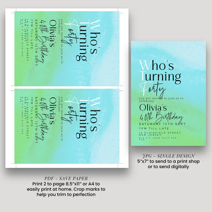The image is a collage of three invitation cards for a birthday party. The cards feature a blue and green watercolor-like background and text inviting guests to a birthday celebration.