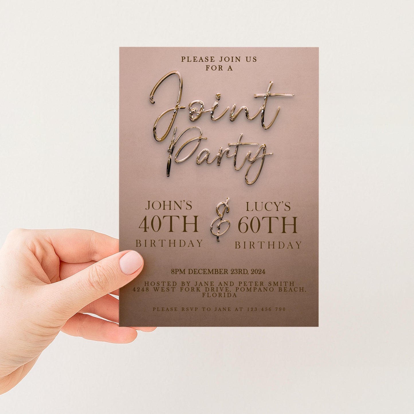 a person's hand holding a birthday party invitation card.