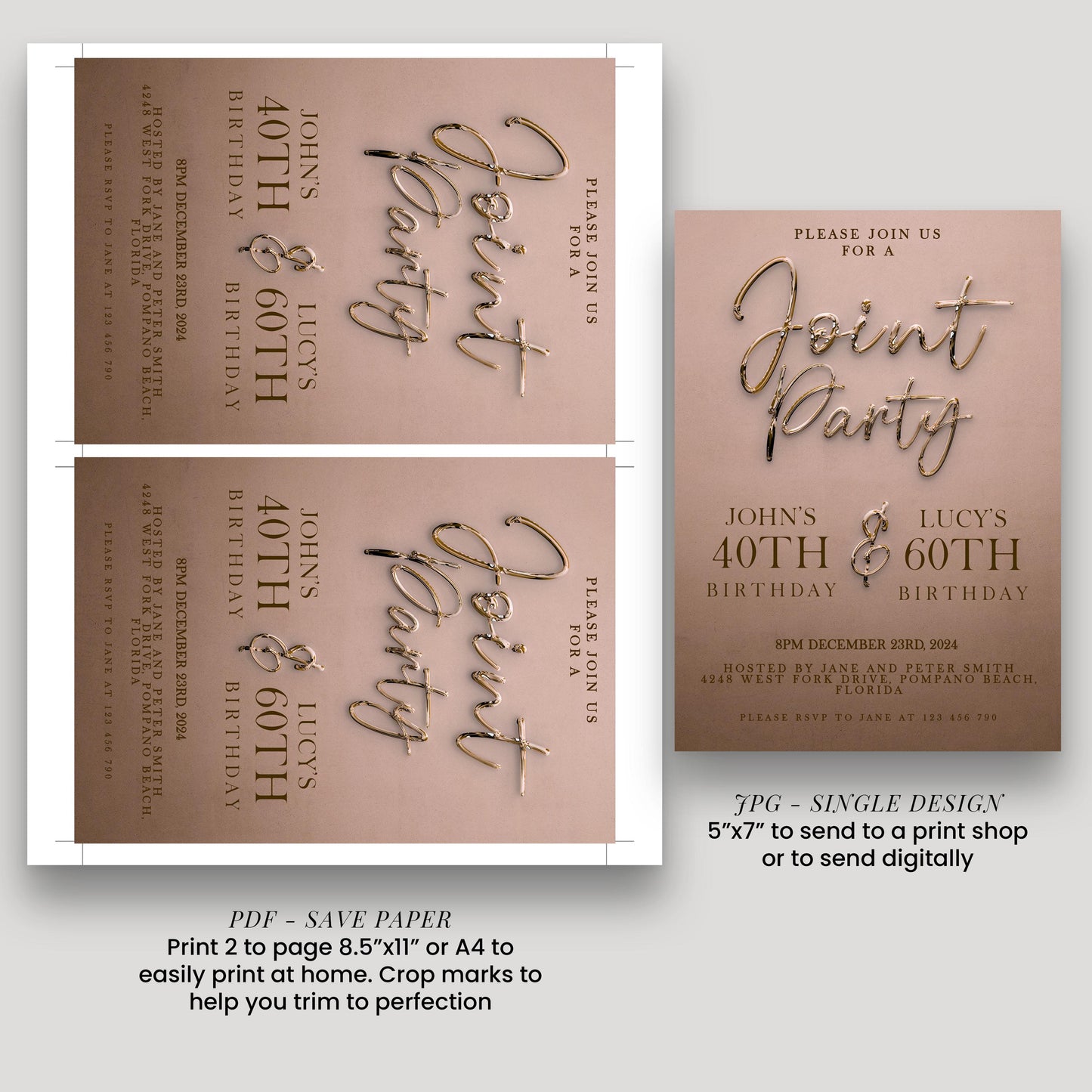 The image is a birthday party invitation for John and Lucy, who are turning 40 and 60 years old. The invitation is designed in a gold color and includes details about the party, such as the date, time, location, and RSVP instructions.