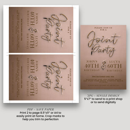 The image is a birthday party invitation for John and Lucy, who are turning 40 and 60 years old. The invitation is designed in a gold color and includes details about the party, such as the date, time, location, and RSVP instructions.