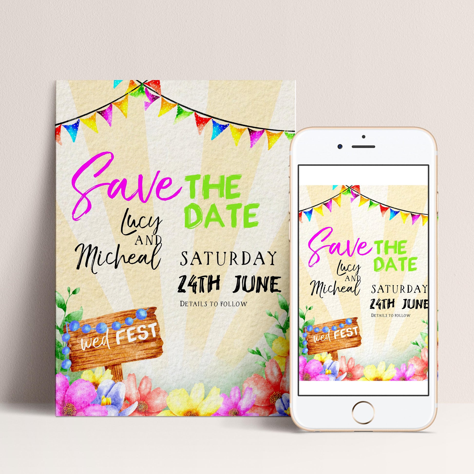 The image is a wedding invitation featuring a colorful design with a wooden sign, flowers, and a string of multicolored flags. The text on the invitation announces a "Save the Date" event for Lucy and Micheal on Saturday, 24th June.