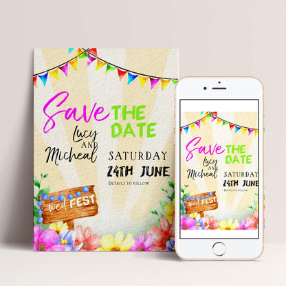 The image is a wedding invitation featuring a colorful design with a wooden sign, flowers, and a string of multicolored flags. The text on the invitation announces a "Save the Date" event for Lucy and Micheal on Saturday, 24th June.