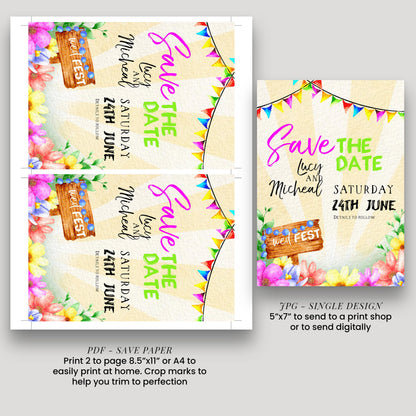 a collage of two wedding invitation designs. The first design is a colorful, hand-drawn invitation featuring a wooden sign and flowers, while the second design is a digital wedding invitation with a floral pattern and text.
