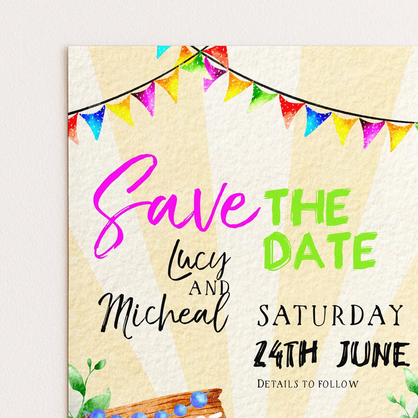 The image is a colorful wedding invitation featuring a festive banner, text, and decorative elements.