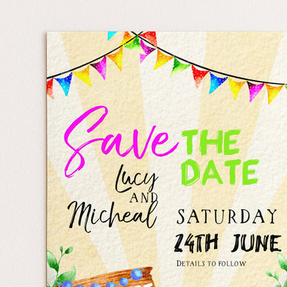 The image is a colorful wedding invitation featuring a festive banner, text, and decorative elements.