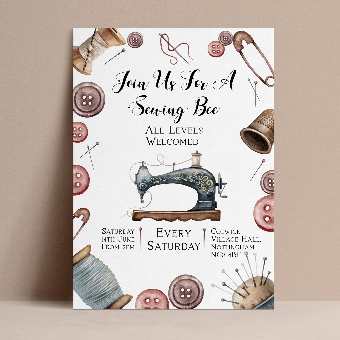 The image is a poster for a sewing bee event, featuring various sewing-related items such as buttons, spools, and a sewing machine.