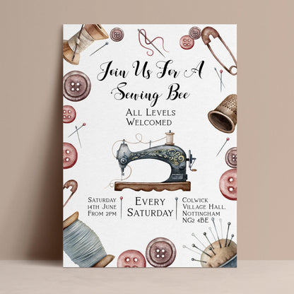 The image is a poster for a sewing bee event, featuring various sewing-related items such as buttons, spools, and a sewing machine.