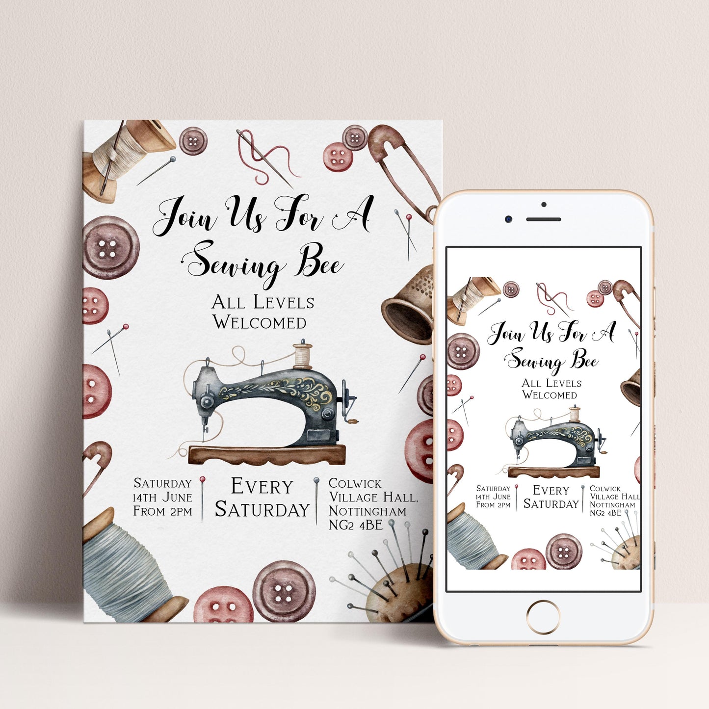 The image is a poster and a mobile phone screen displaying an invitation to a sewing bee event.