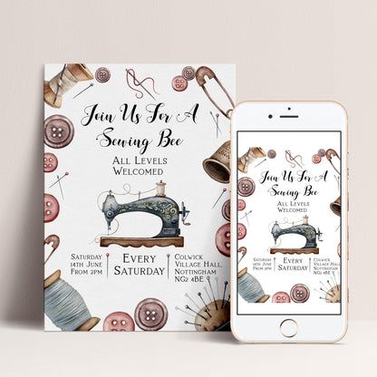 The image is a poster and a mobile phone screen displaying an invitation to a sewing bee event.