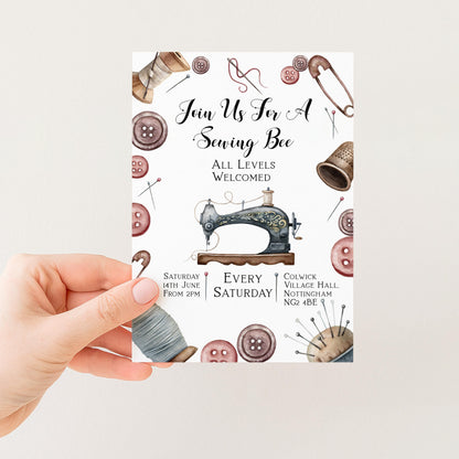 The image is a hand holding a card with a sewing bee invitation.