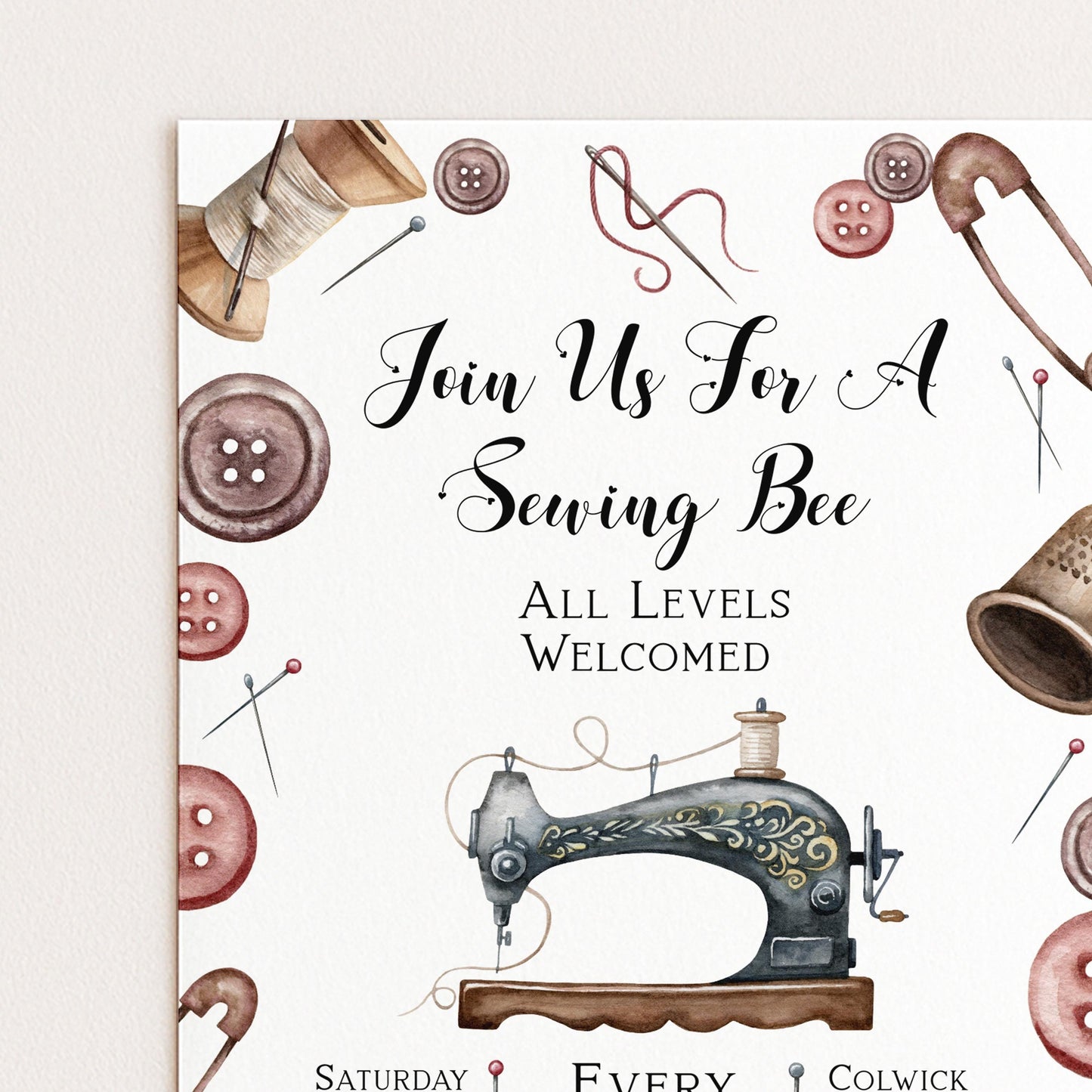The image is a poster inviting people to join a sewing bee, featuring various sewing-related elements such as buttons, spools, and a sewing machine.