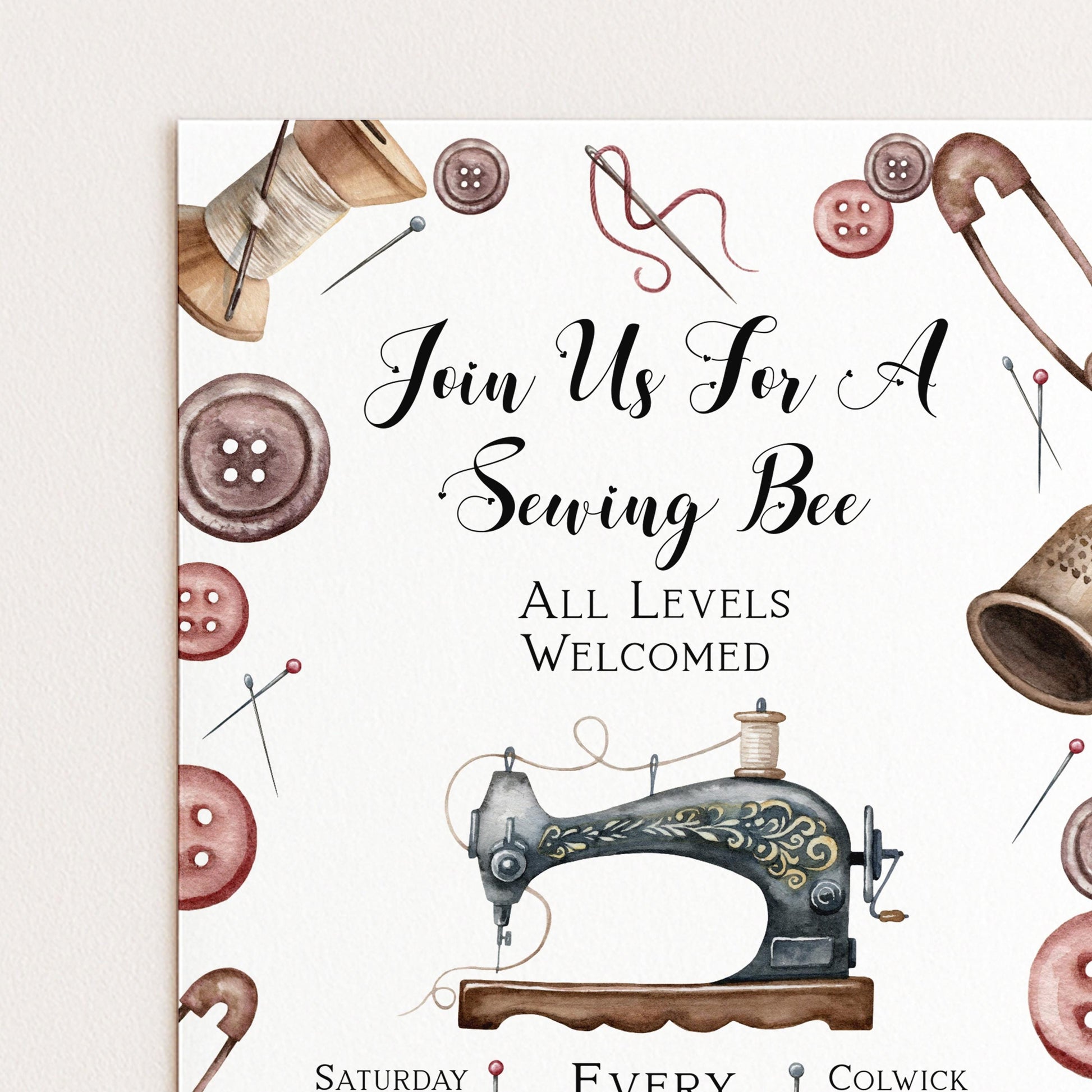 The image is a poster inviting people to join a sewing bee, featuring various sewing-related elements such as buttons, spools, and a sewing machine.