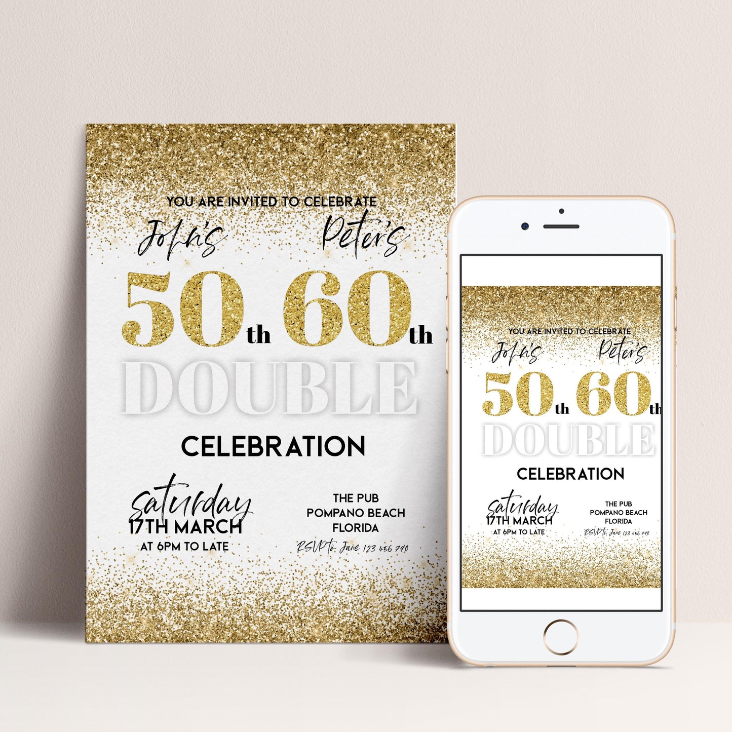 The image is a 50th birthday celebration invitation for John's Peter, which includes a poster and a mobile phone displaying the same information.