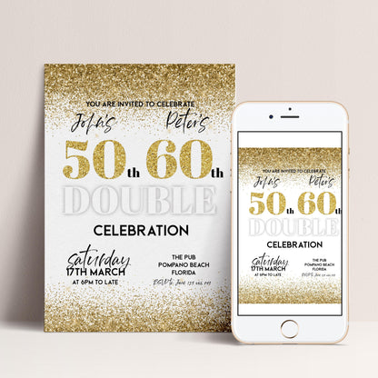 The image is a 50th birthday celebration invitation for John's Peter, which includes a poster and a mobile phone displaying the same information.