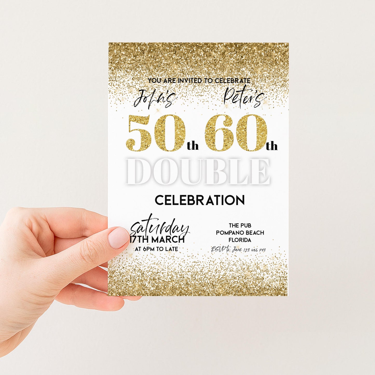 The image is a hand holding a 50th birthday invitation with a glittery gold design.