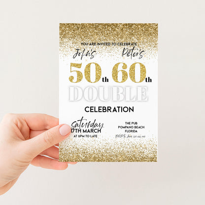 The image is a hand holding a 50th birthday invitation with a glittery gold design.
