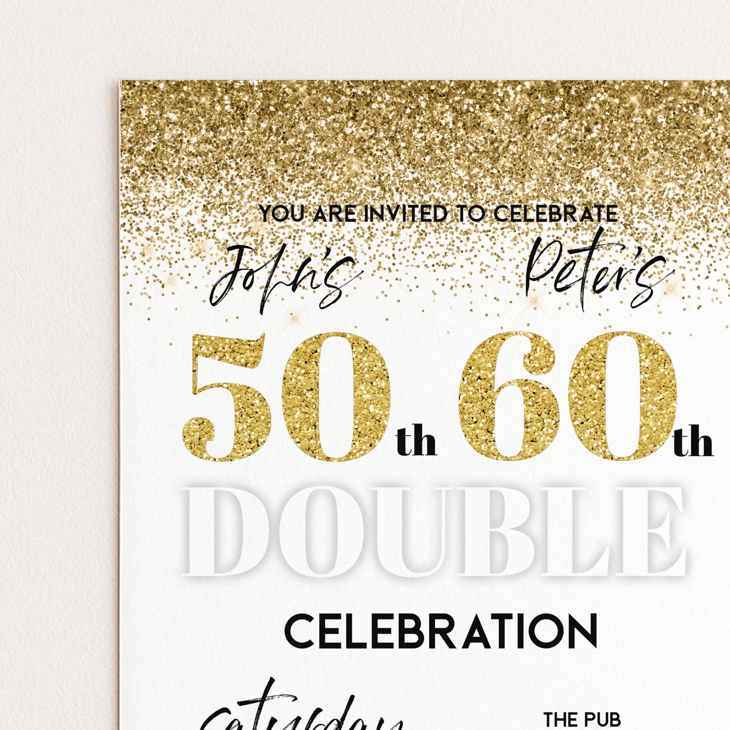 The image is a 50th birthday party invitation for John's Peter's celebration.