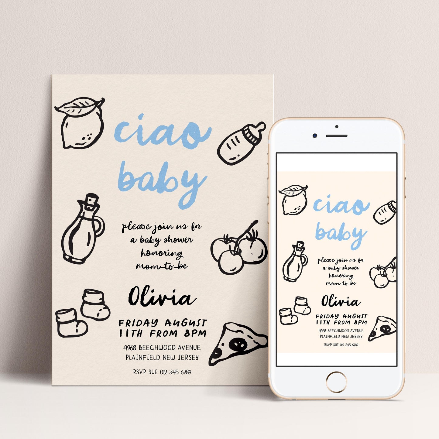 The image is a baby shower invitation featuring a light blue background with black text and illustrations of baby-related items such as a bottle, baby booties, and a slice of pizza.