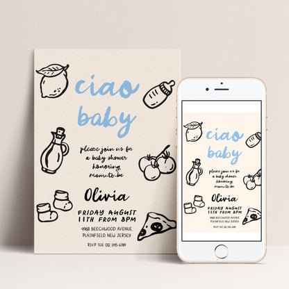 The image is a baby shower invitation featuring a light blue background with black text and illustrations of baby-related items such as a bottle, baby booties, and a slice of pizza.