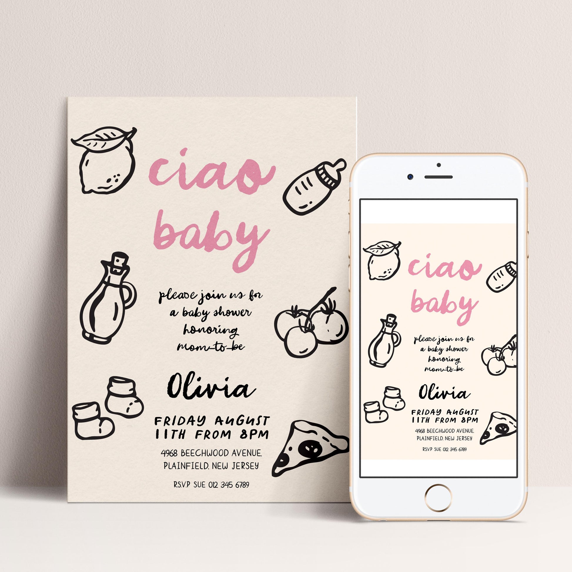 The image is a baby shower invitation featuring a light pink background with black text and illustrations.