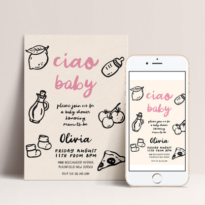 The image is a baby shower invitation featuring a light pink background with black text and illustrations.