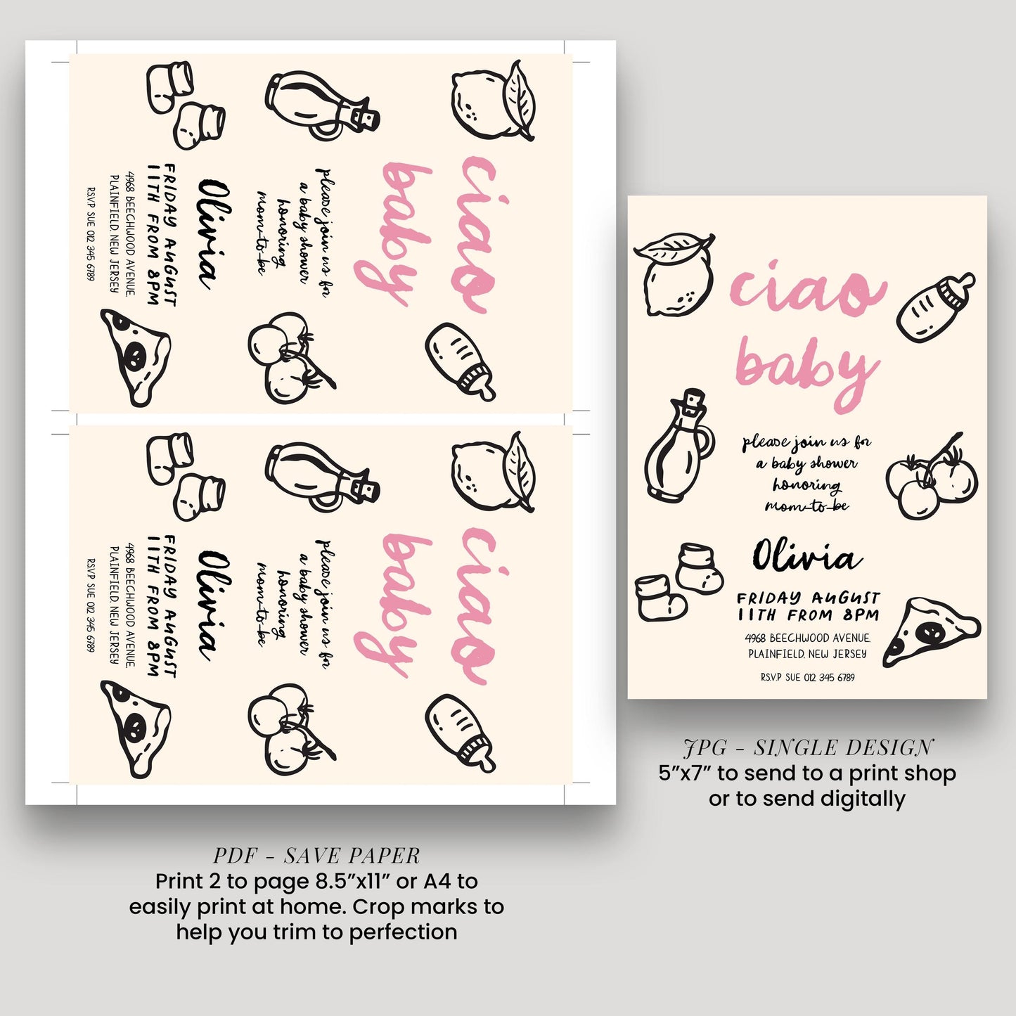 a baby shower invitation design featuring various baby-related items such as bottles, apples, and a baby bottle. The invitation is printed on a beige background and includes text and illustrations related to a baby shower.
